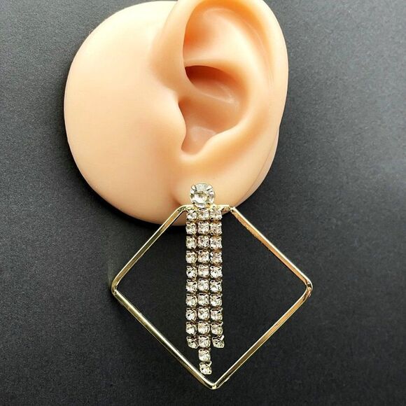 Yellow Gold Rhombus with White Diamond Crystal Dangling Tassel Post Earrings - Picture 8 of 9